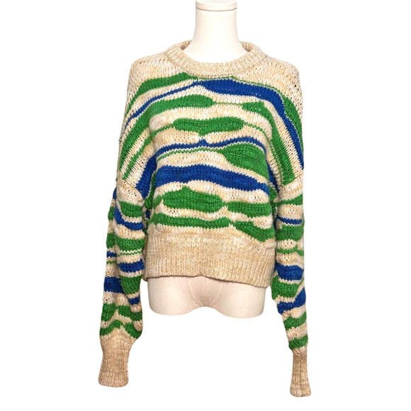 Aerie Green Blue Wavy Striped Crew Neck Chunky Knit Balloon Sleeve Sweater Small - Picture 1 of 6